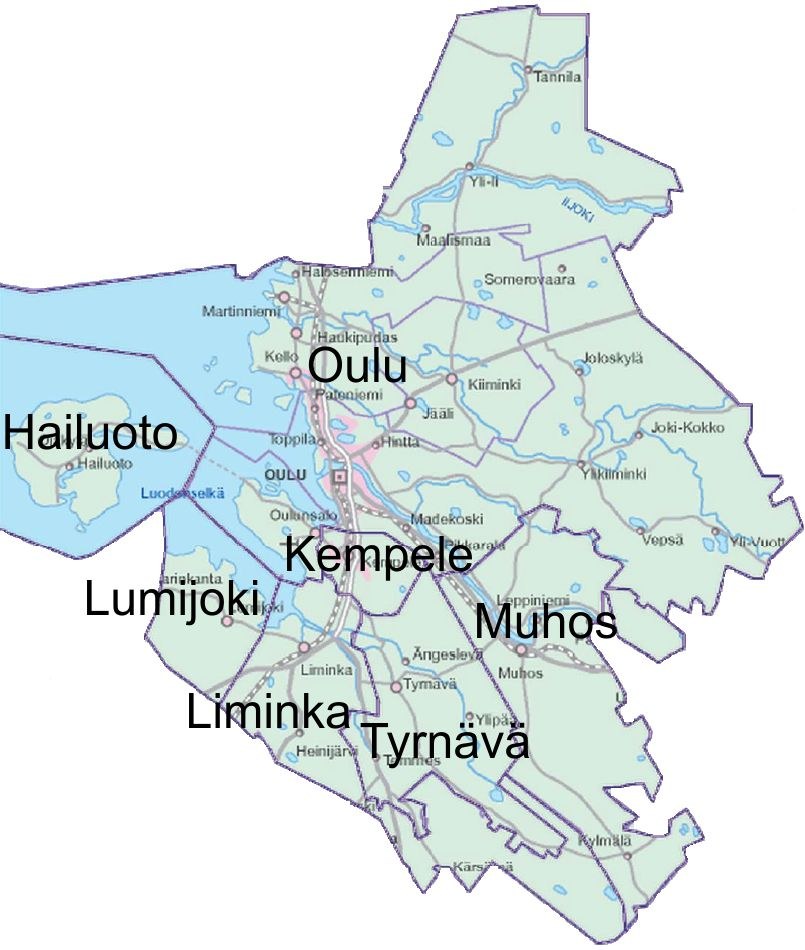 Oulun seudun ympäristötoimen kunnat kartalla.