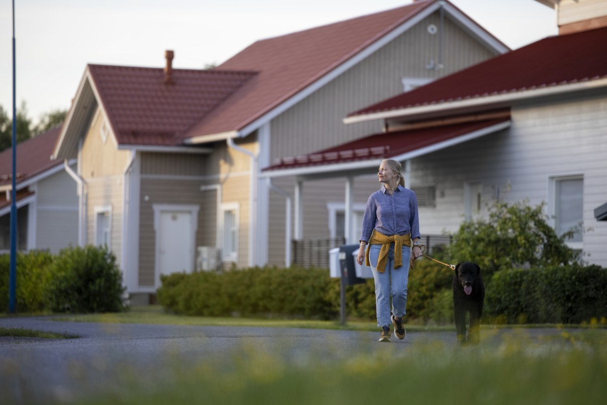 A woman is walking a dog by single-family houses.