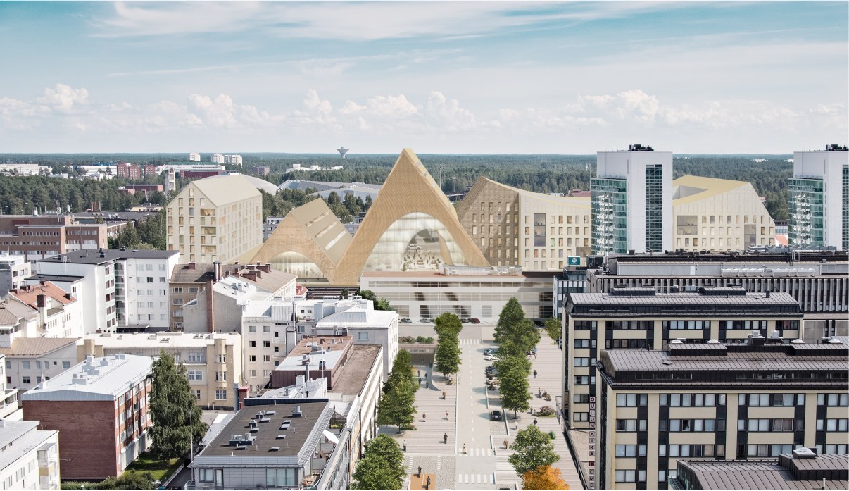 Havainnekuva Asemakeskuksen alueesta. Lahdelma & Mahlamäki arkkitehtien näkemys siitä, miltä Asemakeskuksen alue voisi näyttää Hallituskadulta katsottuna. Kuva: Oulun kaupunki / Lahdelma & Mahlamäki arkkitehdit.