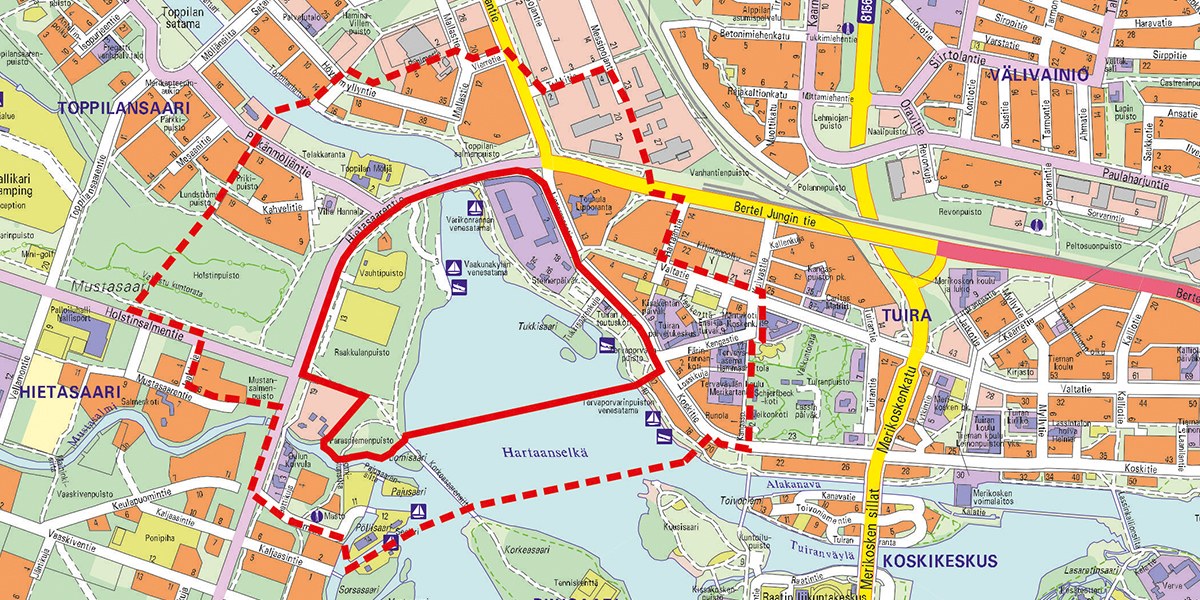 Hartaanselänranta rajattu kartalla punaisella