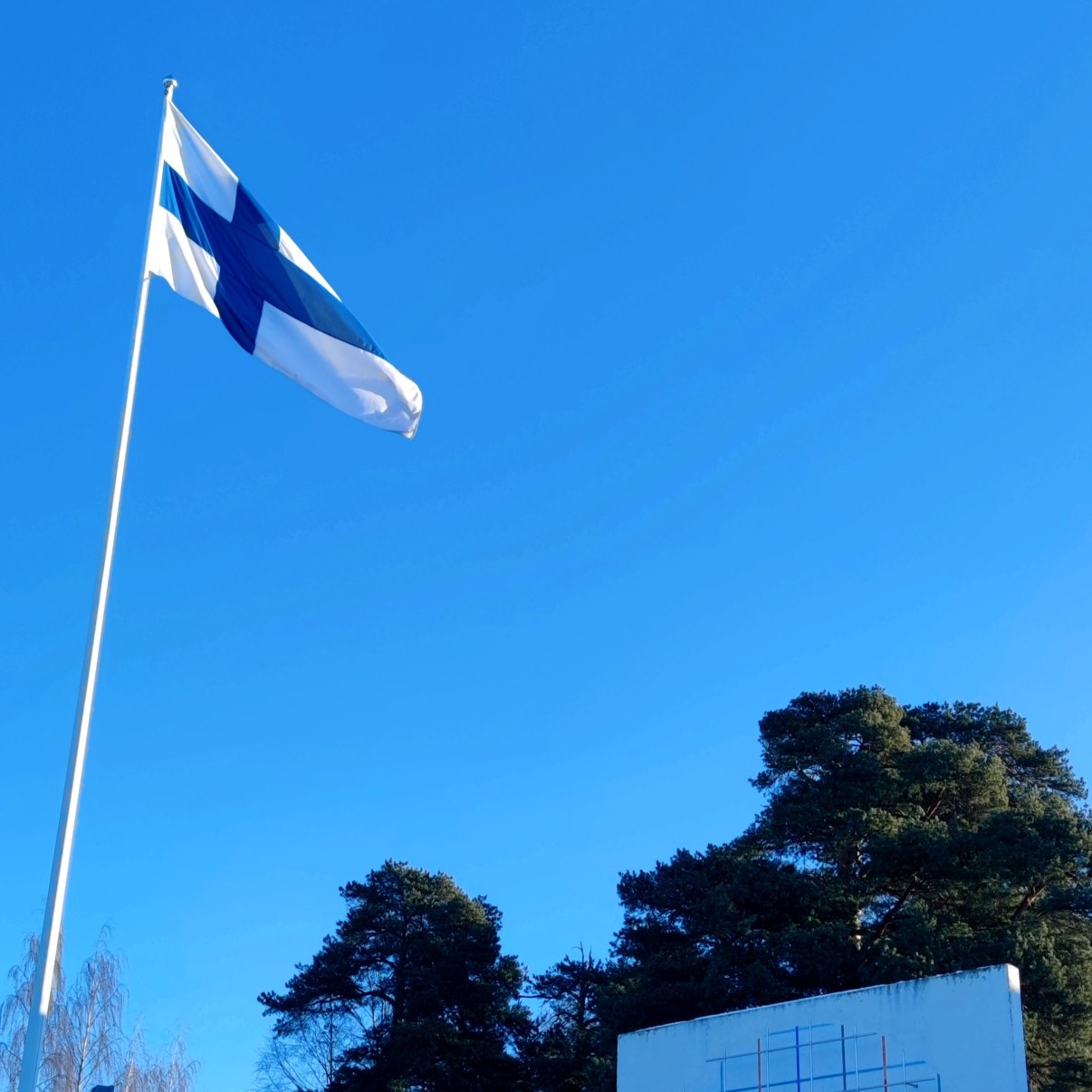 Kuvassa Laanilan lukion pihalla oleva ristikkotaideteos ja Suomen lippu salossa.