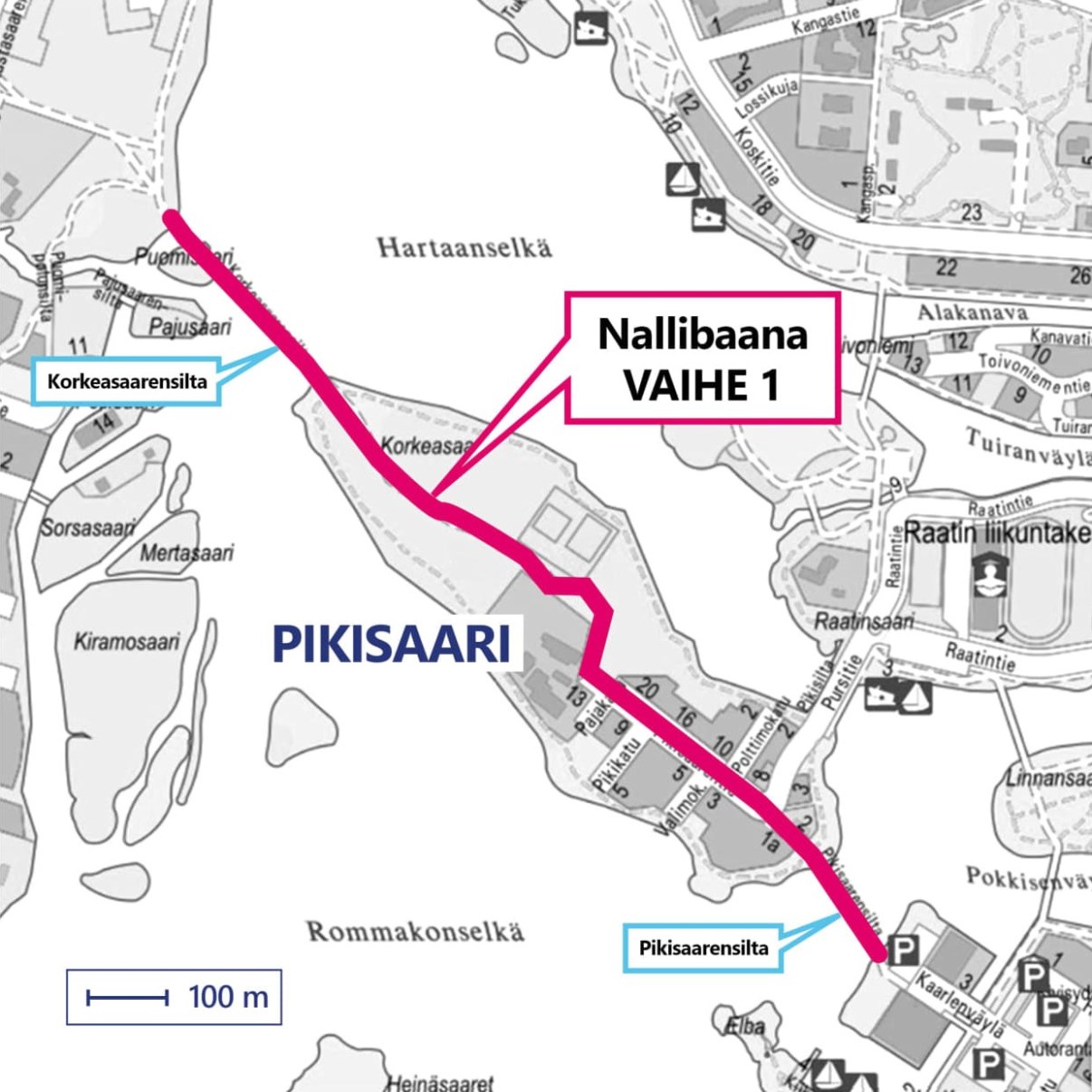 Karttakuva, jossa punainen viiva eli Nallibaanan 1. vaihe kulkee Pikisaaren läpi.