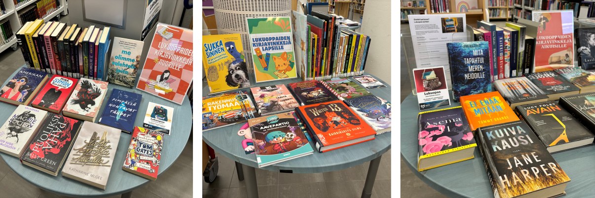Kolme kuvaa, joissa nuorten, lasten ja aikuisten kirjoja esillä pöydillä.