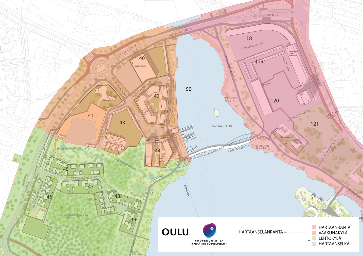 Kartalle on merkitty Hartaanselänrannan alueiden nimet eri värein. Vihreällä Lehtokylä, oranssilla Vaakunakylä, pinkillä Hartaanranta ja sinisellä Hartaanselkä. Asuntomessualueen uudiskohteet sijoittuvat pääasiassa Lehtokylään.