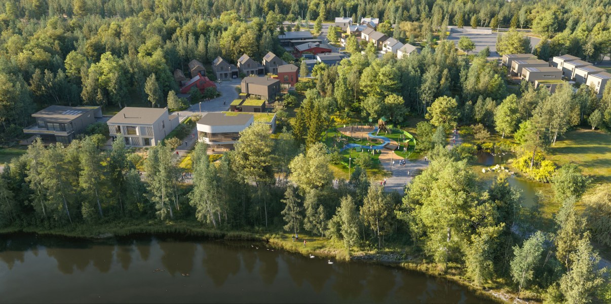 Ilmakuva Lehtokylän pientaloista metsäisessä suistoympäristössä