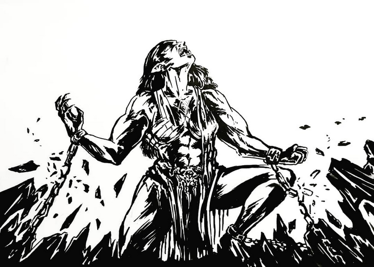 Mustavalkoinen piirrostyö, jossa kahlittu hahmo nousee karjuen vedestä.