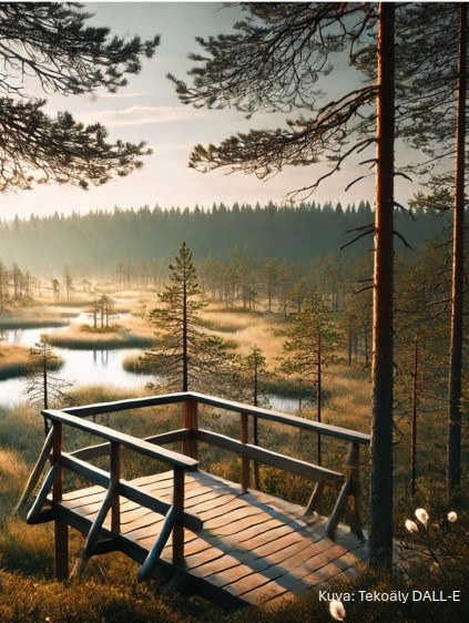 Tekoälyllä luotu kuva katselulavasta tiedepolulla tiedepolun yleissuunnitelmasta.