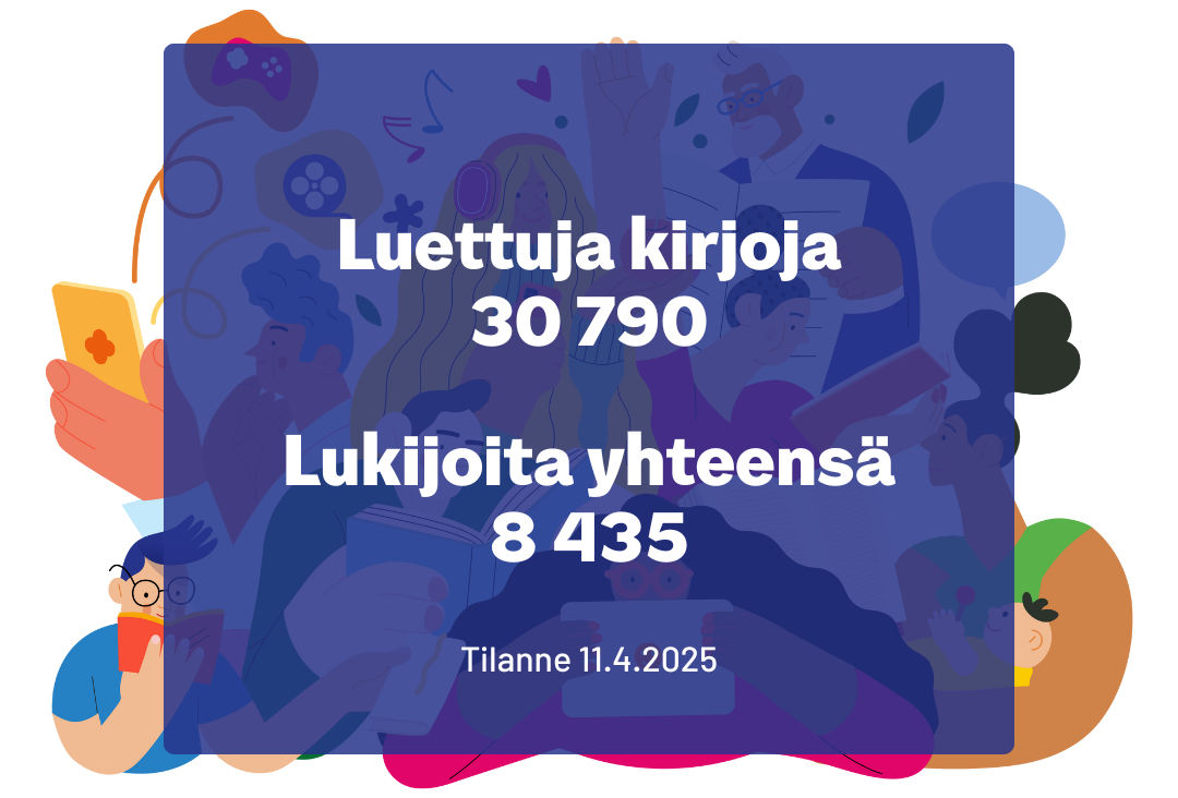 Luettuja kirjoja 30 790. Lukijoita yhteensä 8 435. Tilanne 11.4.2025.