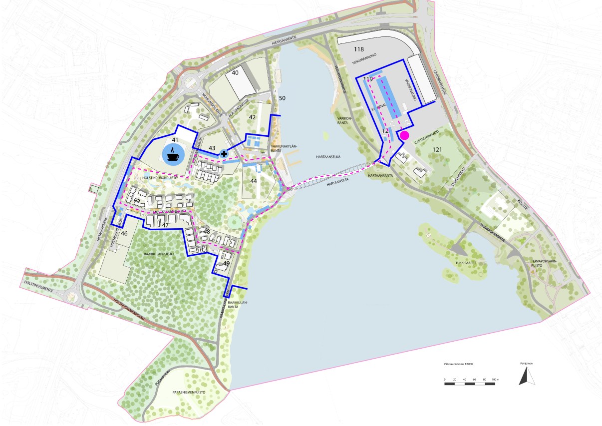 Asuntomessualue rajattu sinisellä viivalla Hartaanselänrannan kartalle