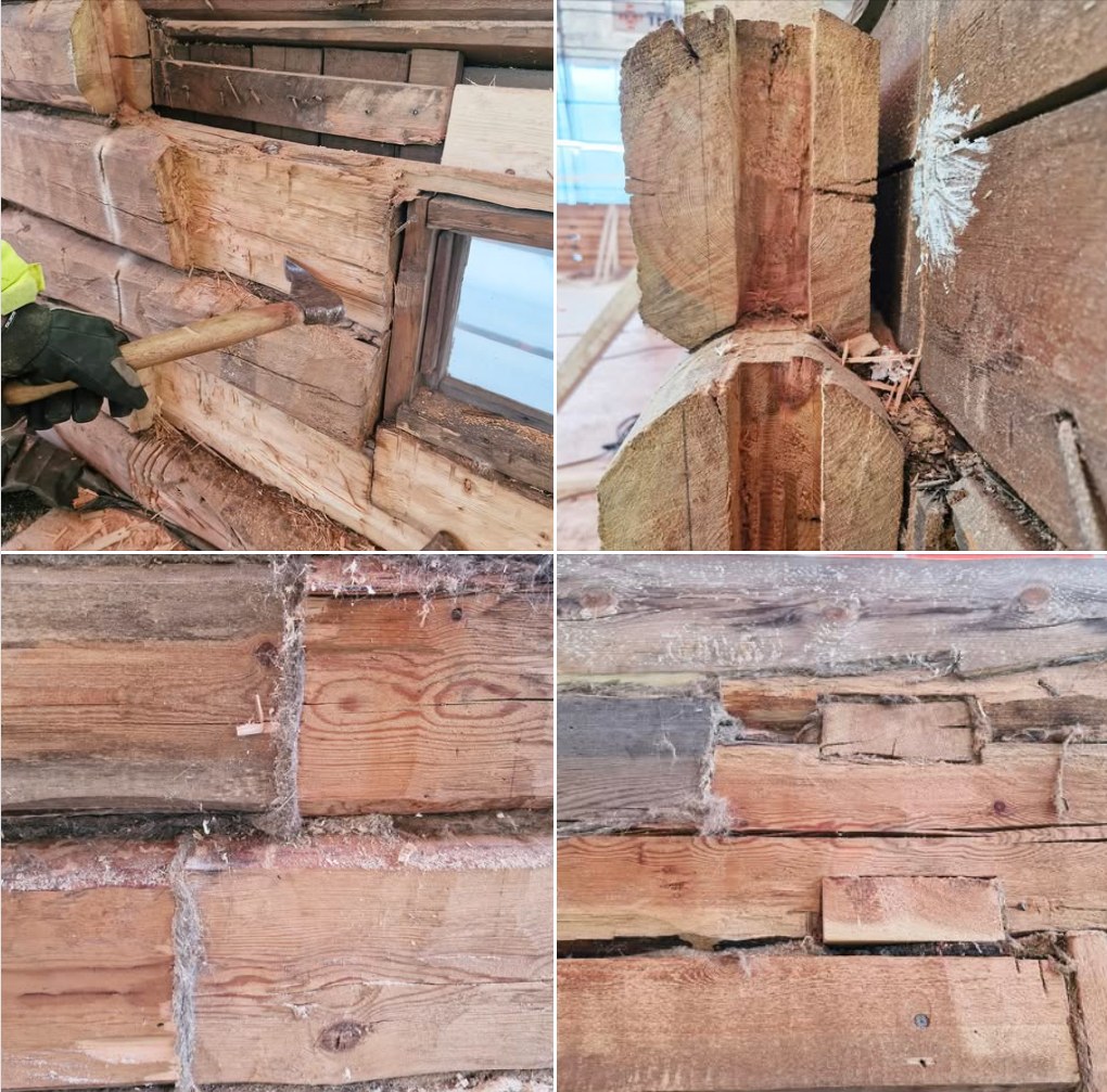 erilaisia korjausvaiheessa olevia hirsipintoja