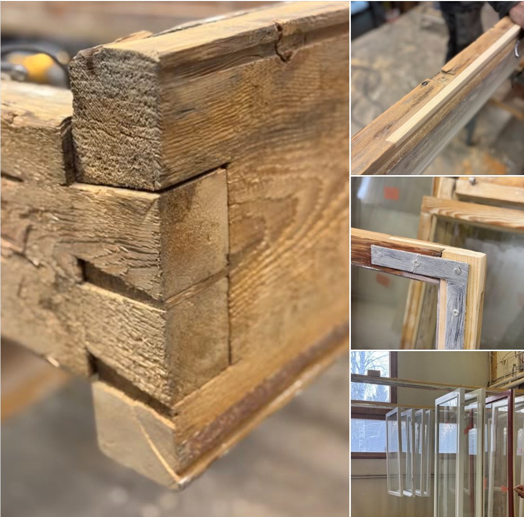 Korjauksessa olevia ikkunanpokia sekä niissä olevia erilaisia puuliitoksia