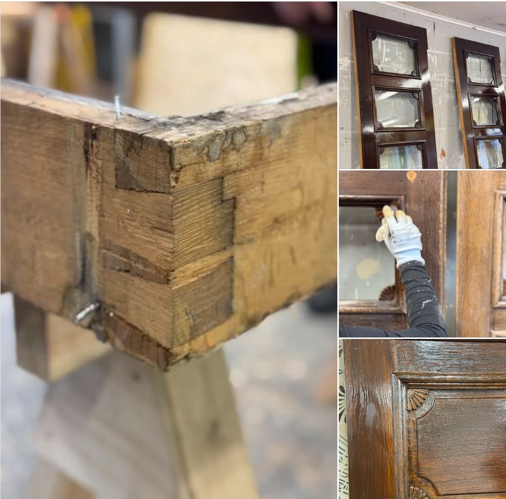 Kuvissa ovien liitoskohtia ja käsi maalaamassa yhtä ovea.