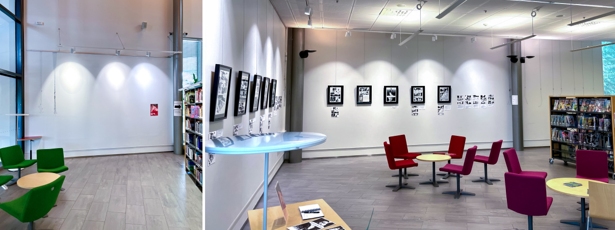 Kaksi kuva näyttelyseinistä, joissa riippuu vaijereita ja tauluja.