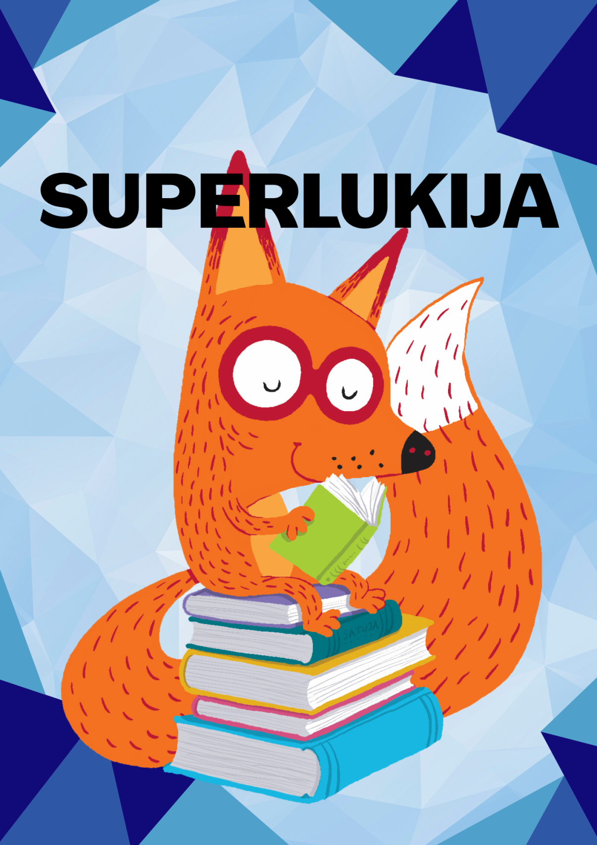 Kettu istuu kirjapinon päällä ja lukee kirjaa tyytyväisenä hymyillen.