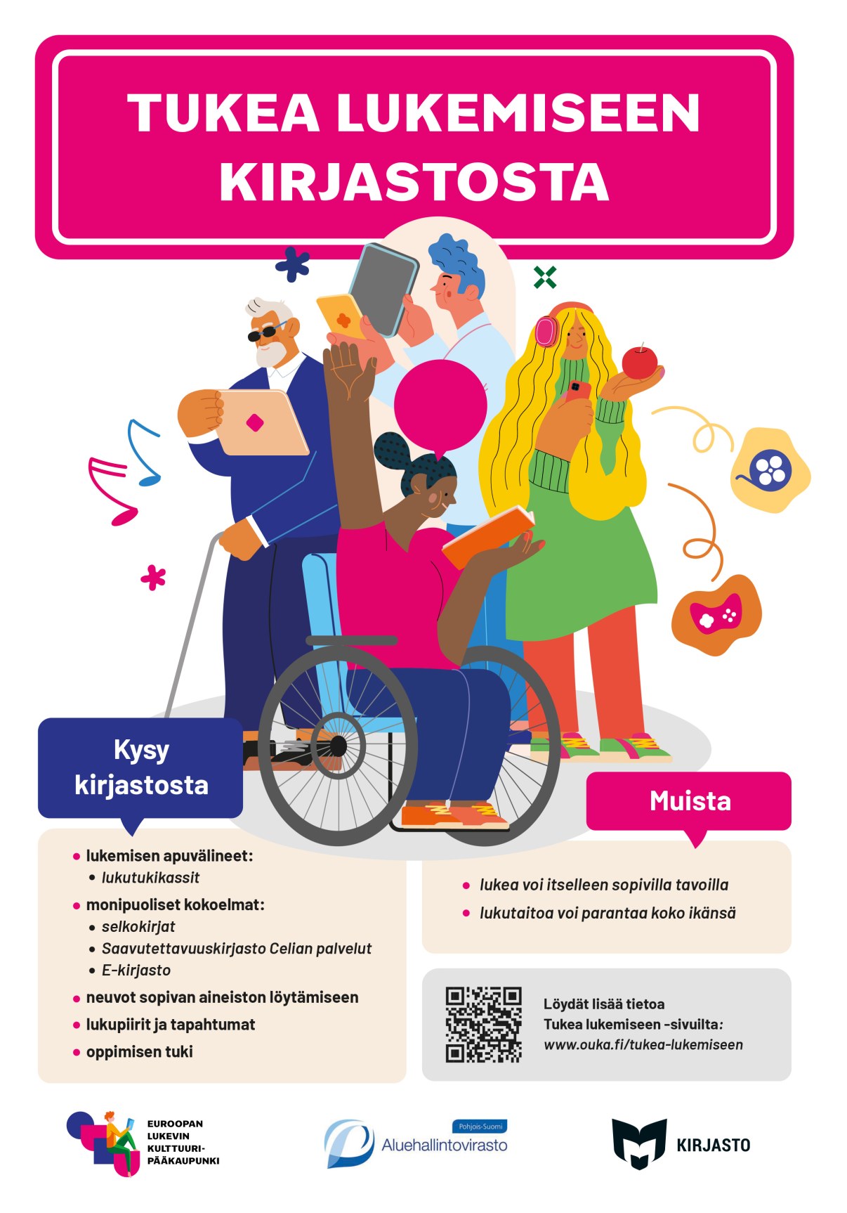 Tukea lukemiseen kirjastosta. Kysy kirjastosta. Lukemisen apuvälineet. Monipuoliset kokoelmat. Neuvot sopivan aineiston löytämiseen. Lukupiirit ja tapahtumat. Muista: Lukea voi itselleen sopivilla tavoilla. Lukutaitoa voi parantaa koko ikänsä.