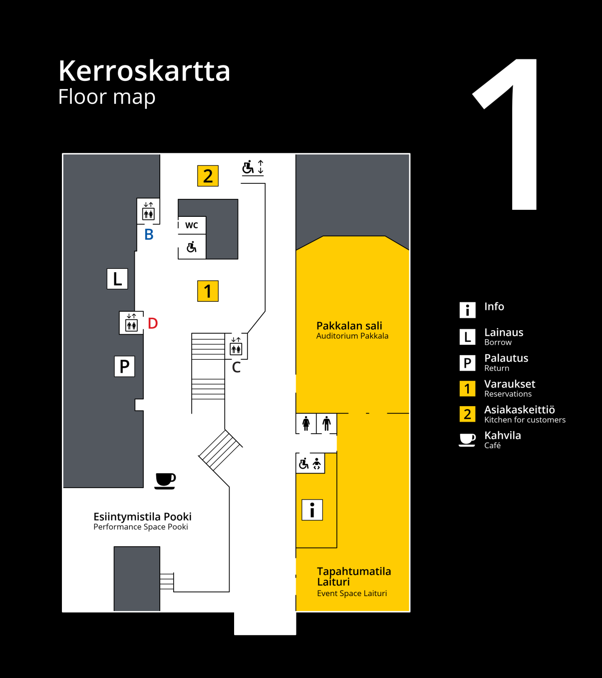 Keskustakirjasto Saaren ensimmäisen kerroksen kerroskartta
