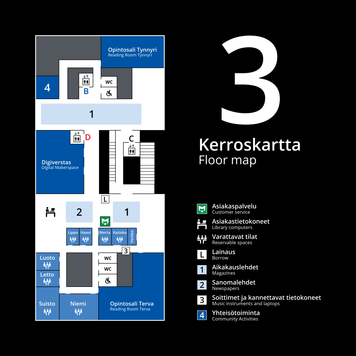 Keskustakirjasto Saaren kolmannen kerroksen kerroskartta