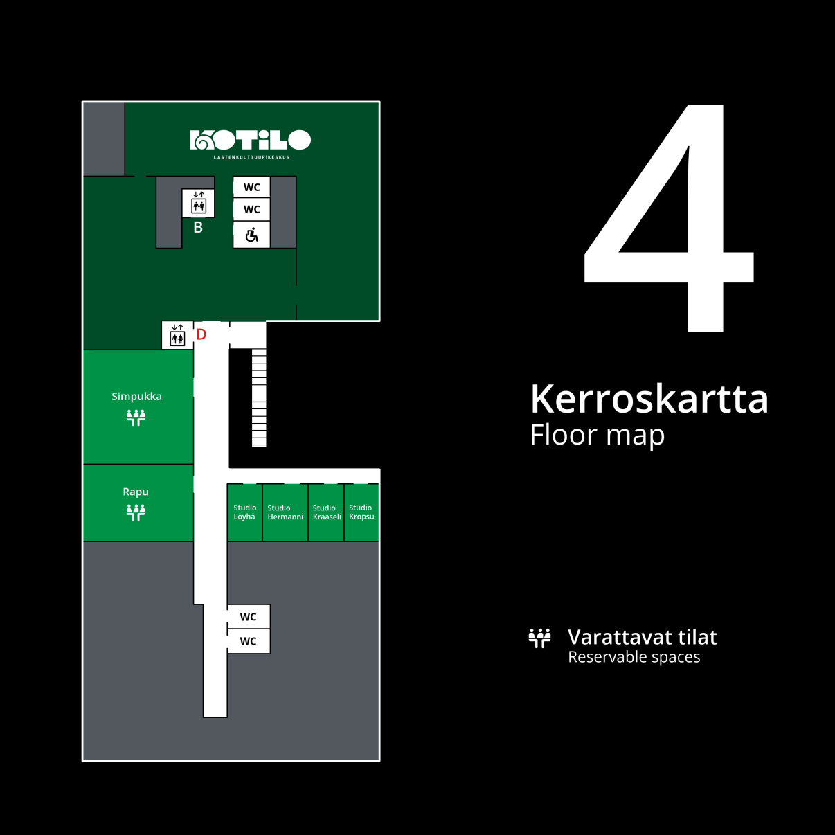 Keskustakirjasto Saaren neljännen kerroksen kerroskartta
