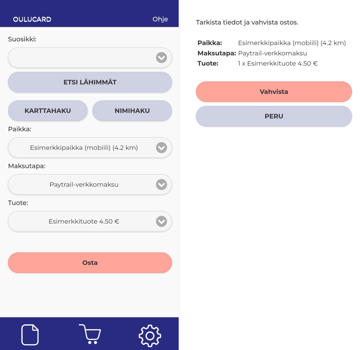 Oulucard-sovelluksen osta-sivu sekä oston vahvistussivu