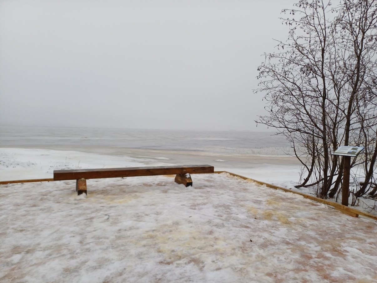 Puinen penkki lavalla, josta näkymä merelle.