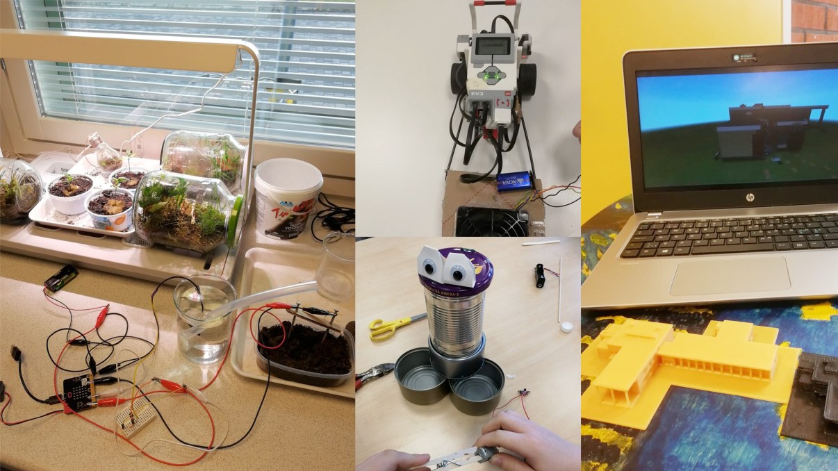 Kuva erilaisista oppilasprojekteista, joita on toteutettu Makerspace-tiloissa.