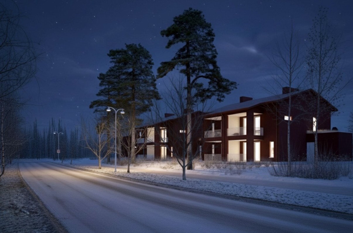 Havainnekuva Pateniemen sahan perheasunnoista kadulta