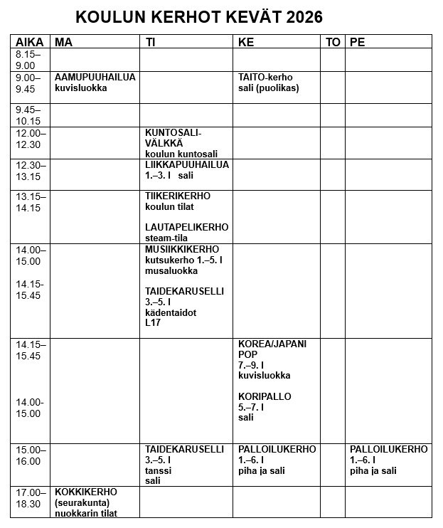 Kaukovainion koulun kevään 2026 kerhojen lukujärjestys