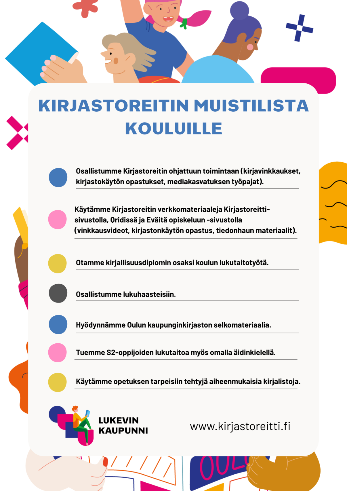 Kirjastoreitin muistilista kouluille. 