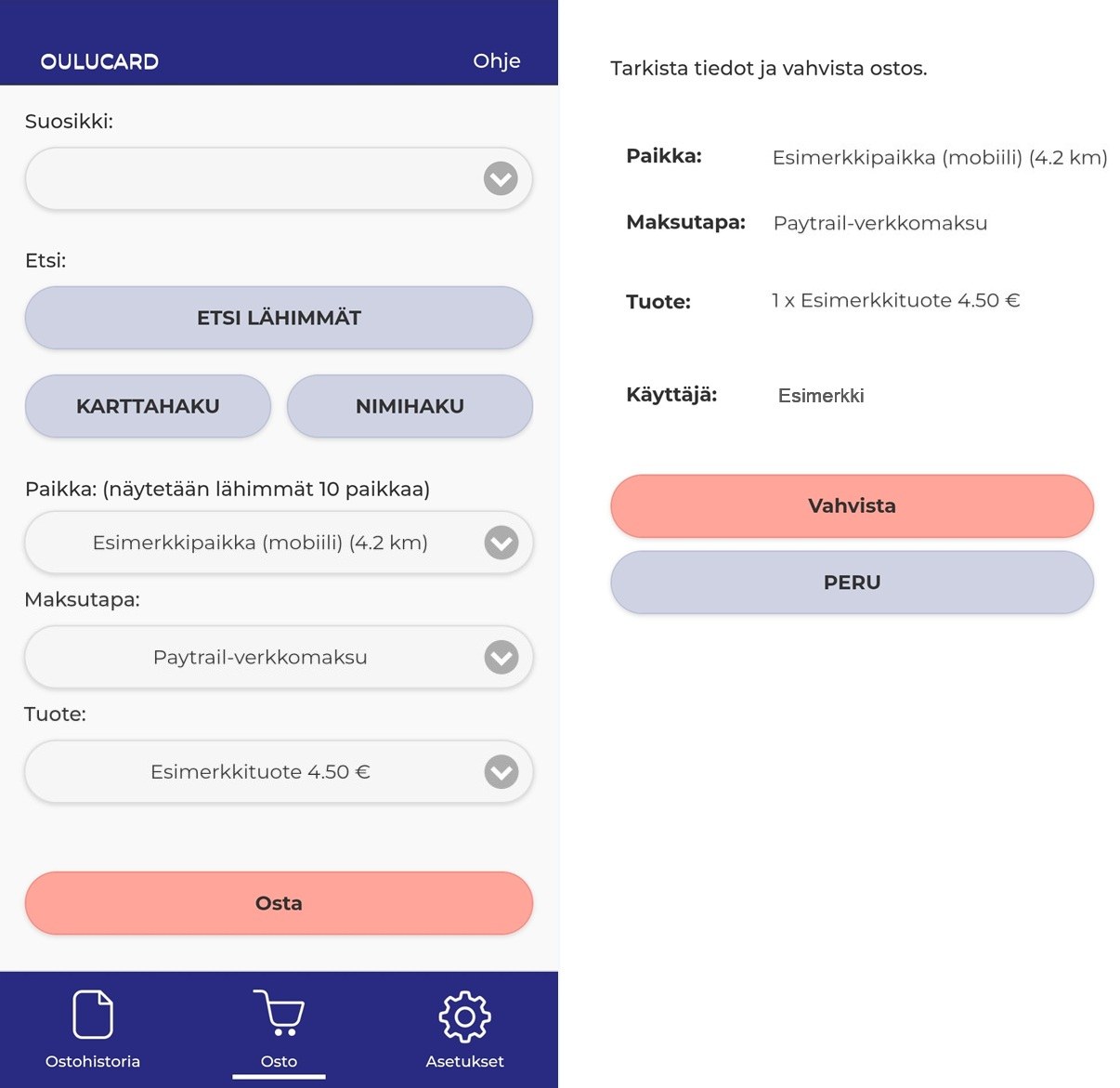 Oulucard-sovelluksen osta-sivu sekä oston vahvistussivu