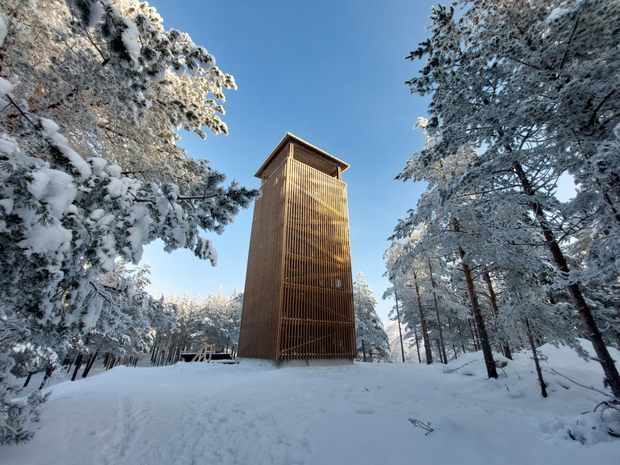 Puinen, laatikkomainen torni kohoaa lumisen metsän keskellä. Tornin yläosaan paistaa aurinko.