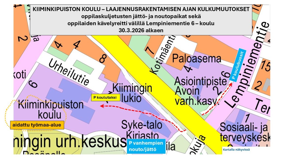 Kiiminkipuiston koulun laajennusrakentamisen ajan kulkumuutokset 30.3.2026 alkaen