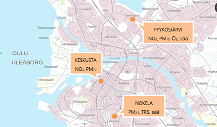 Oulun ilmanlaadun mittausasemien sijainti ja mitattavat suureet vuonna 2025. 