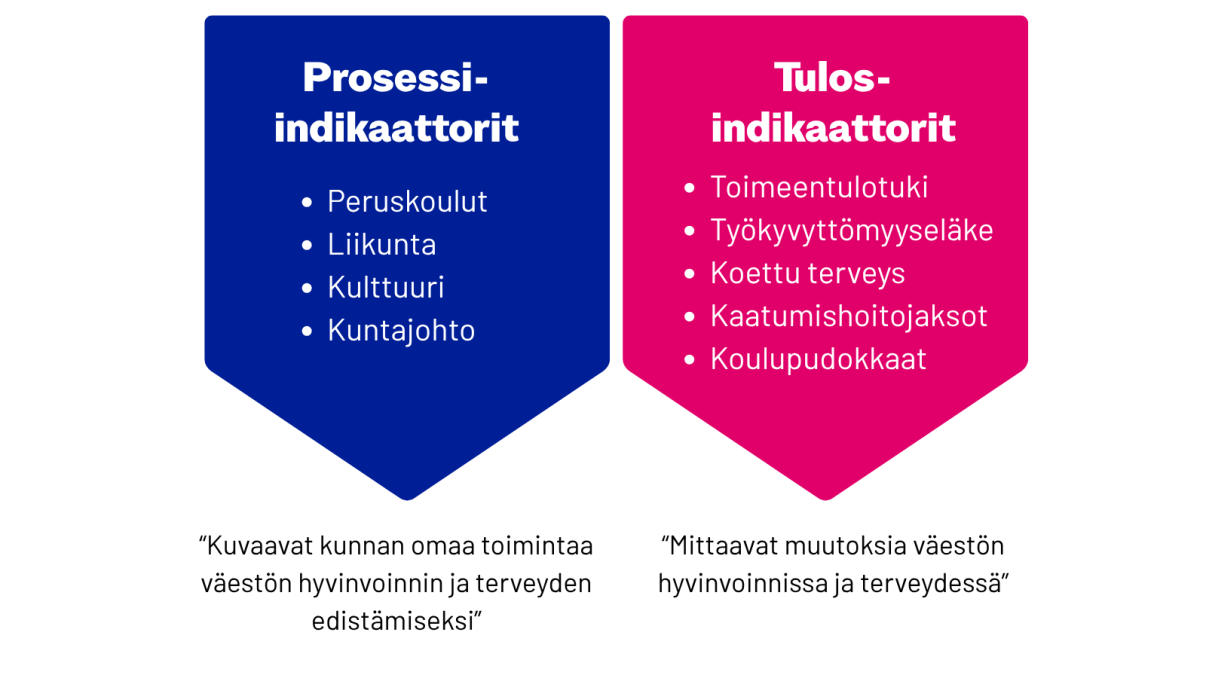 Hyte-kertoimen laskennassa käytetään kahdenlaisia indikaattoreita; toimintaa kuvaavia prosessi-indikaattoreita (mittaavat nykytilannetta) sekä tuloksia kuvaavia tulosindikaattoreita (mittaavat muutosta väestön hyvinvoinnissa ja terveydessä).