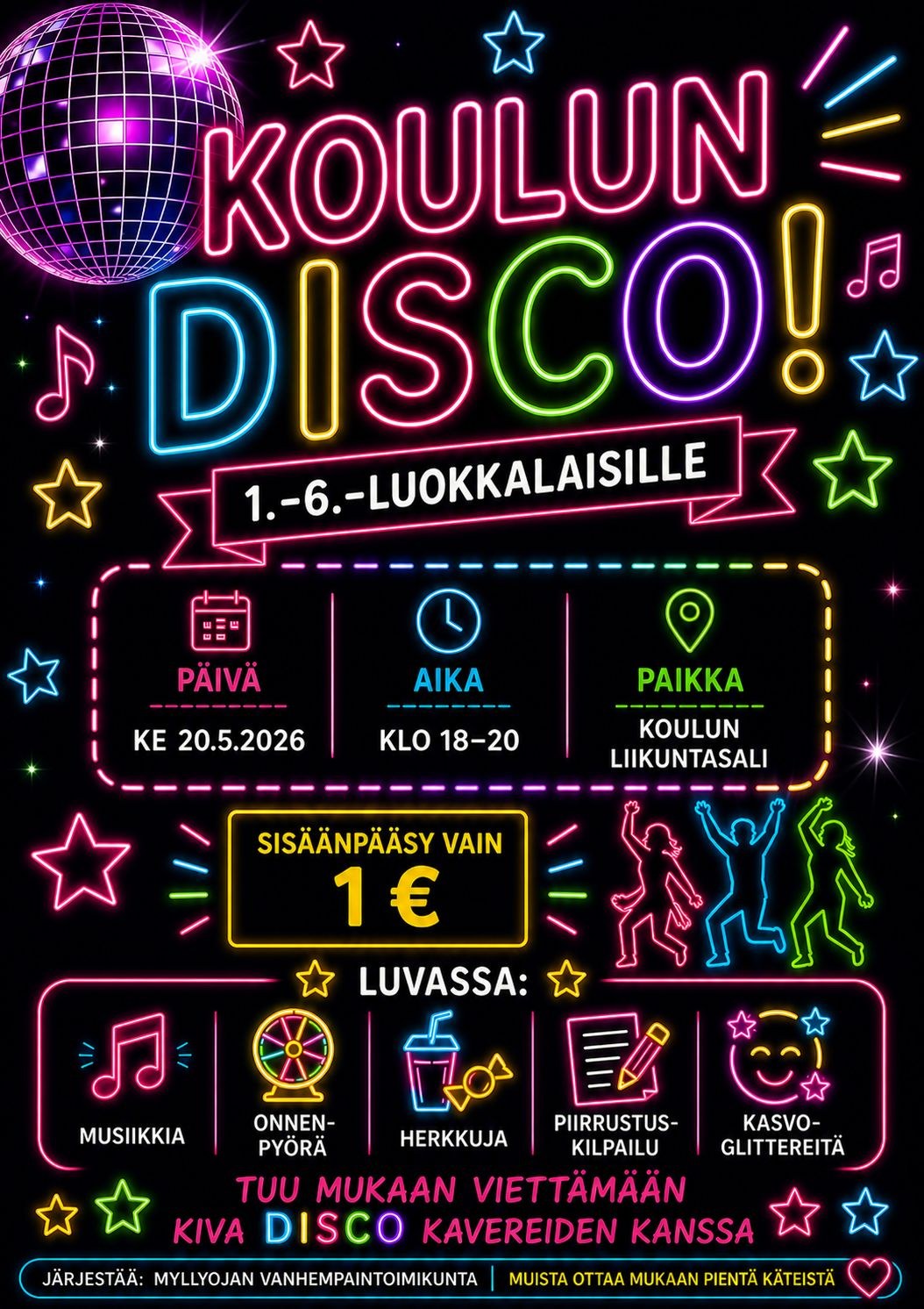 Vanhempaintoimikunta järjestää: Disco Myllyojan koululla 20.5. klo 18–20