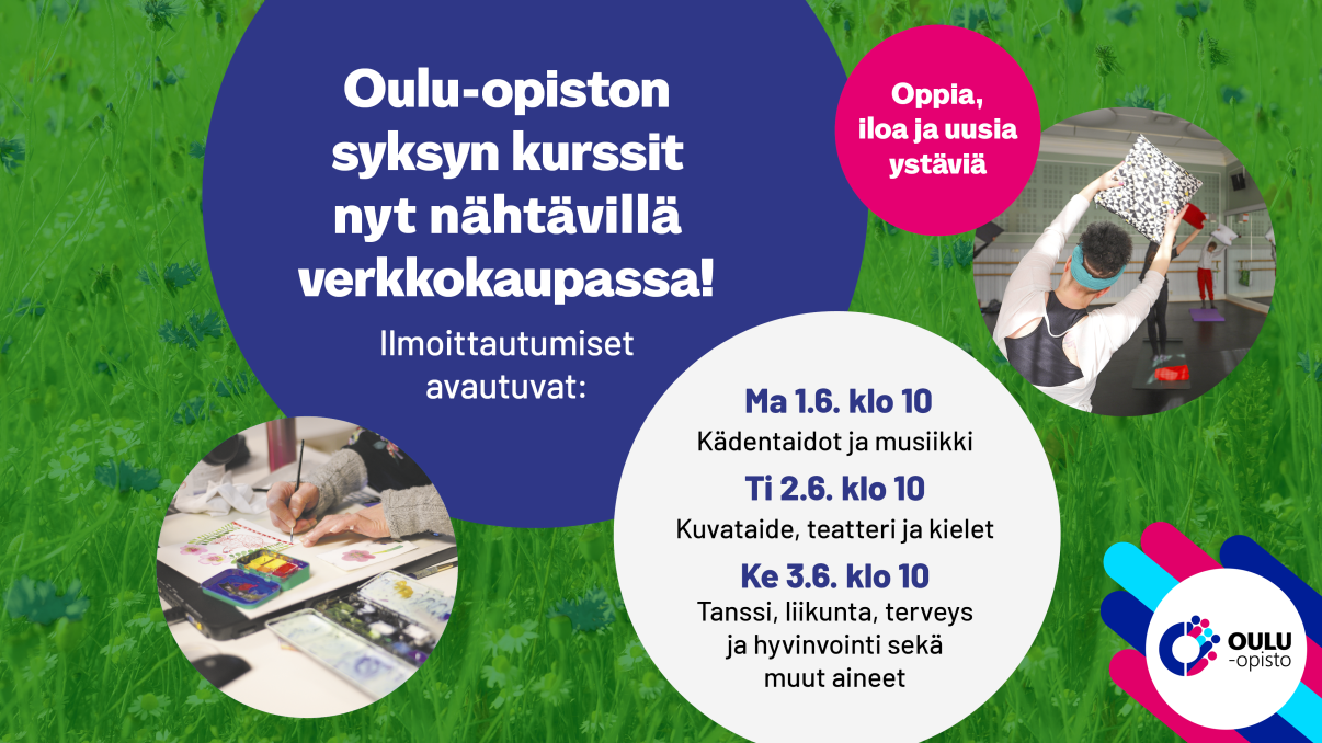 Kuvakooste erilaisilta kursseilta, pääkuvassa lapsi ja aikuinen Oulu-opiston liikuntakoulussa.