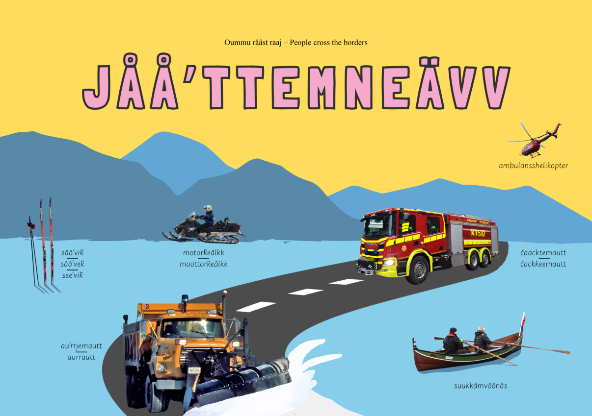Jååʹttemneävv-lastenkirjan kansi. Piirretty maisema ja eri kulkuvälineitä.