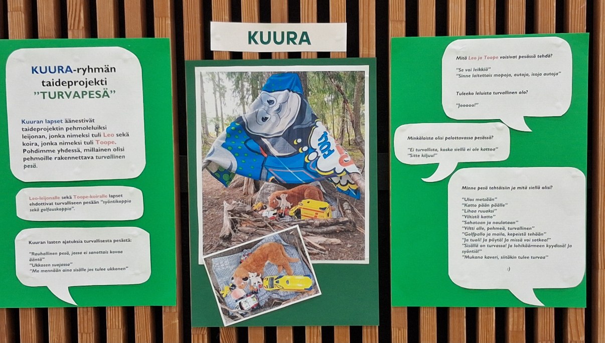 Seinälle kiinnitetty valokuva, jossa lapset ovat tehneet oravalle pesän. Ympärillä teosta kuvaavia tekstejä.