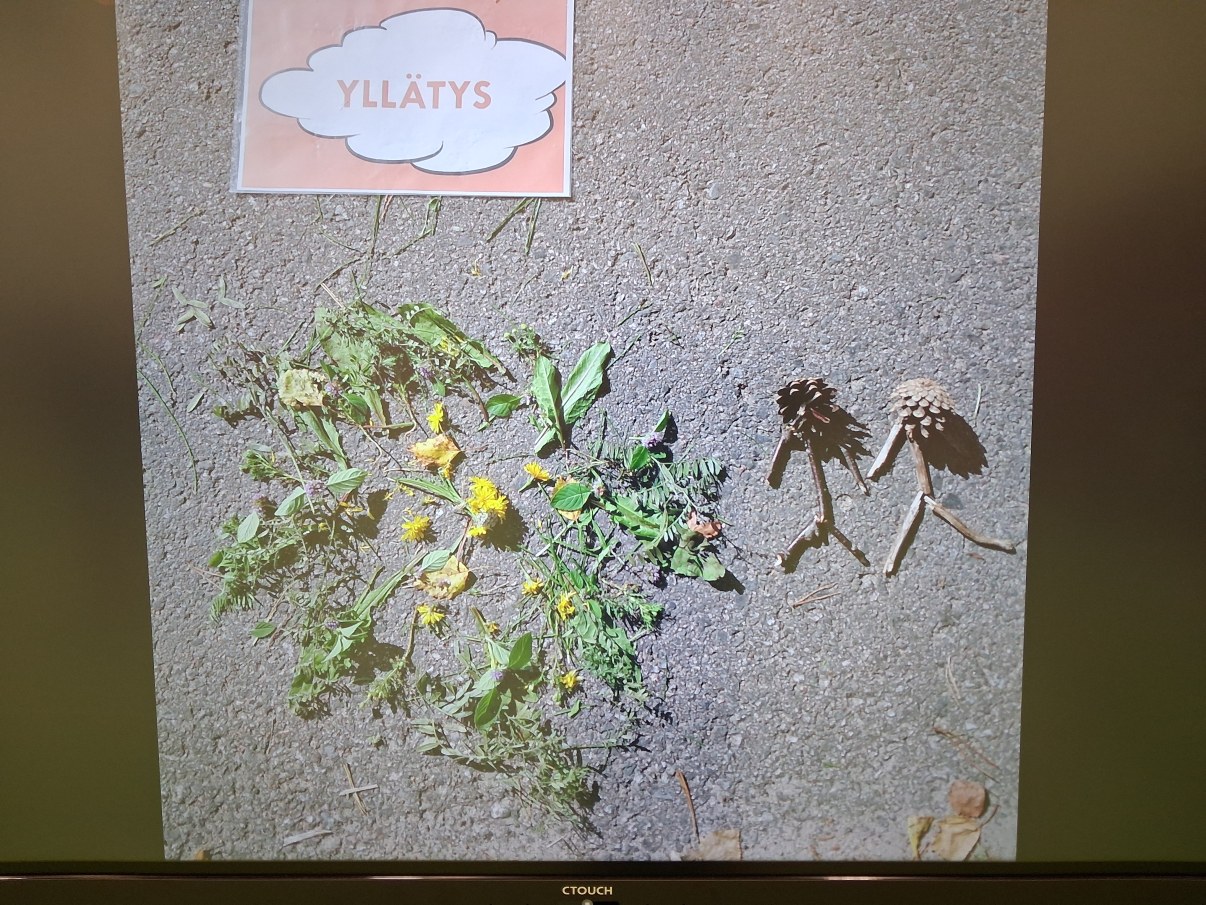 Kuva valokuvasta, jossa on luonnonmateriaaleista muotoiltu asfaltille aseteltu taideteos ja teksti "yllätys".