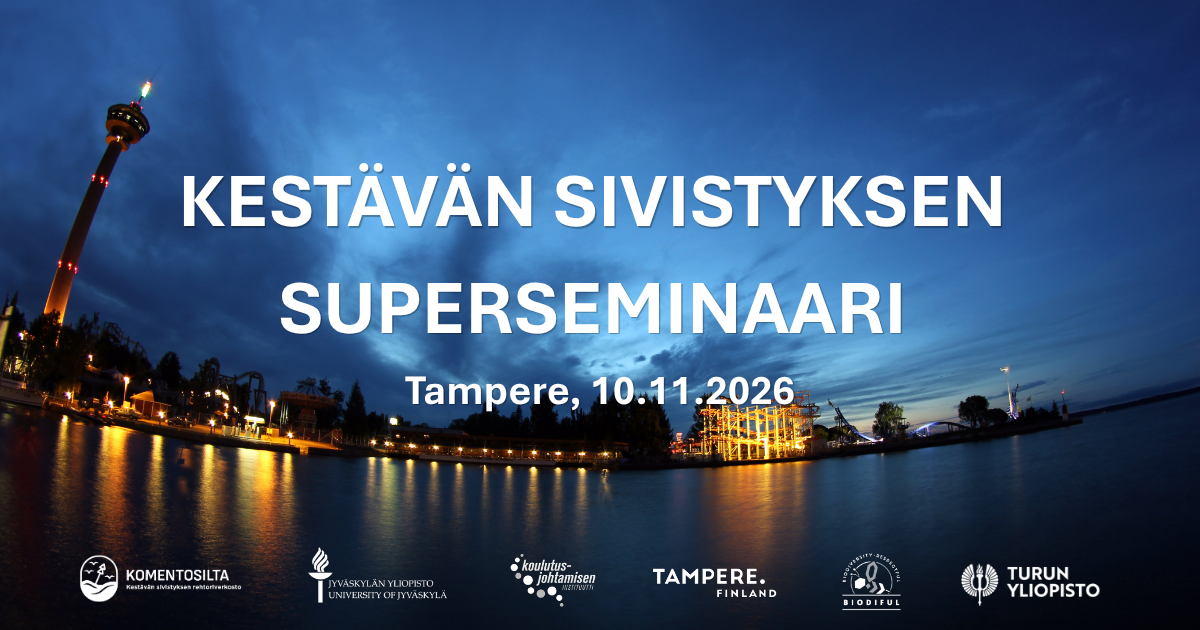 Kuva, jossa mainos Kestävän sivistyksen superseminaarista Tampereella 10.11.2026