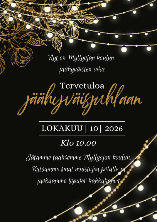 Kutsu entisille oppilaille, huoltajille ja työntekijöille Myllyojan koulun jäähyväisjuhlaan