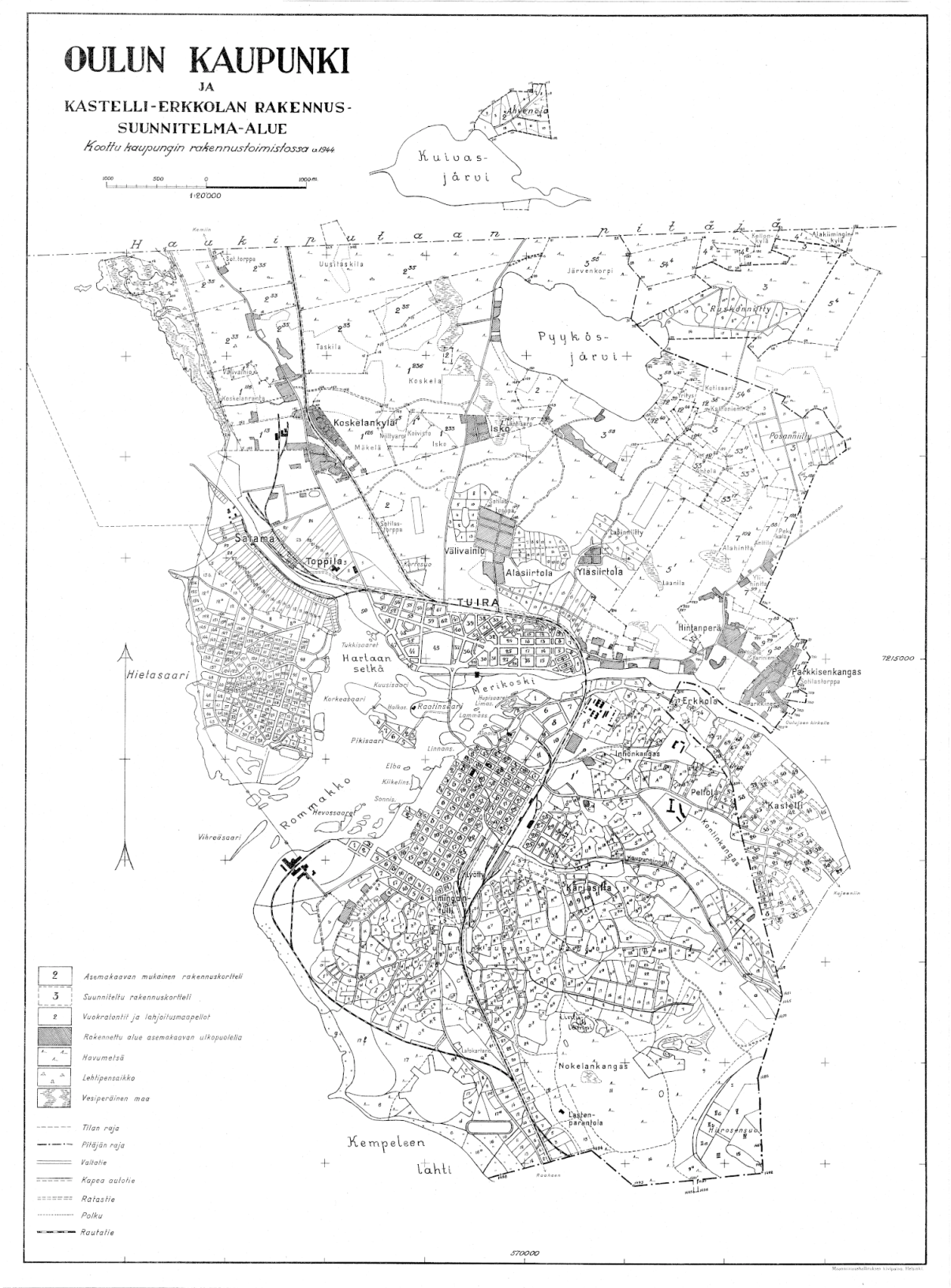 Kuva vuoden 1944 1944 Oulun kaupungista ja Kastelli-Erkkolan rakennussuunnitelma-alueesta