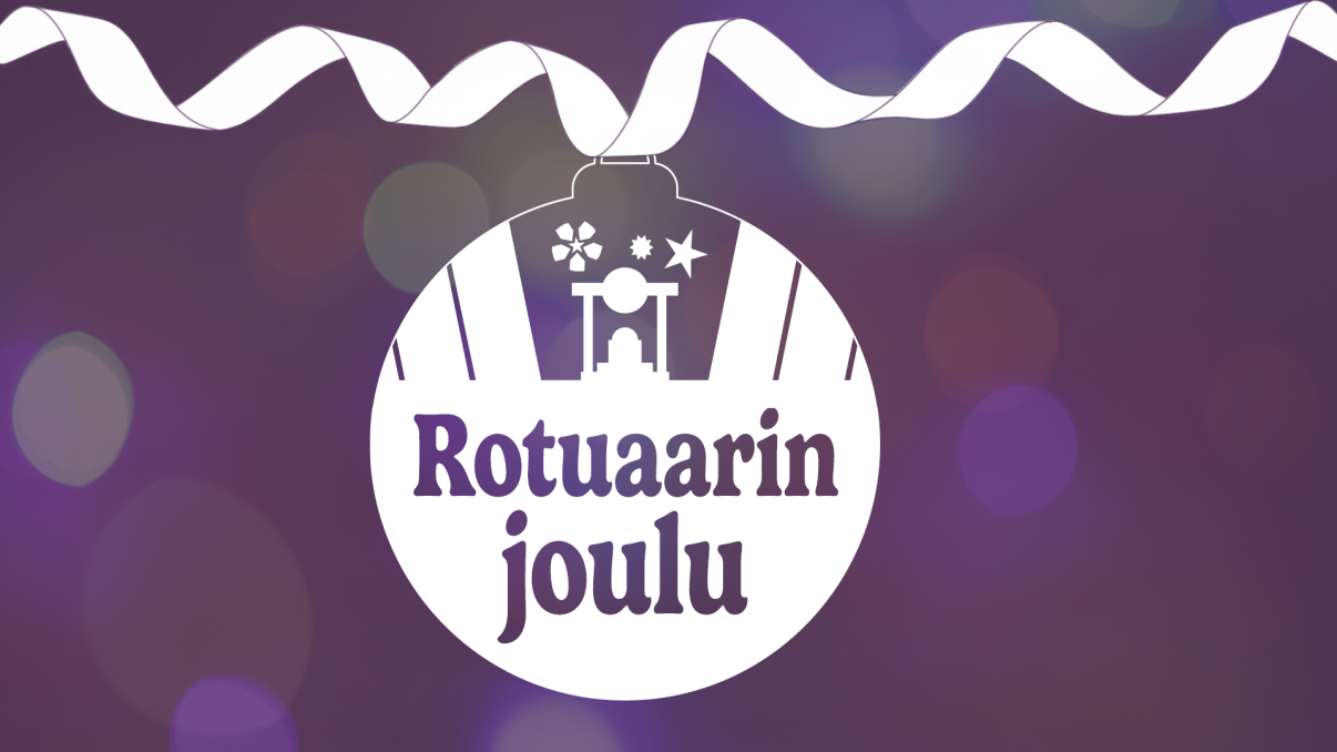 Violetilla taustalla Rotuaarin joulun logo, kuvan yläreunassa valkoinen nauha