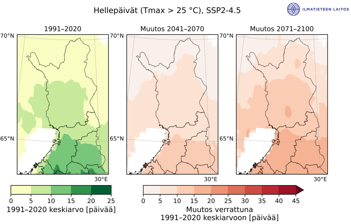 Kolme Pohjois-Suomen karttaa, jossa kuvataan väreillä hellepäivien keskimääräinen määrä vuosina 1990-2020 sekä ennusteet vuosille 2041-2070 ja 2071-2100.