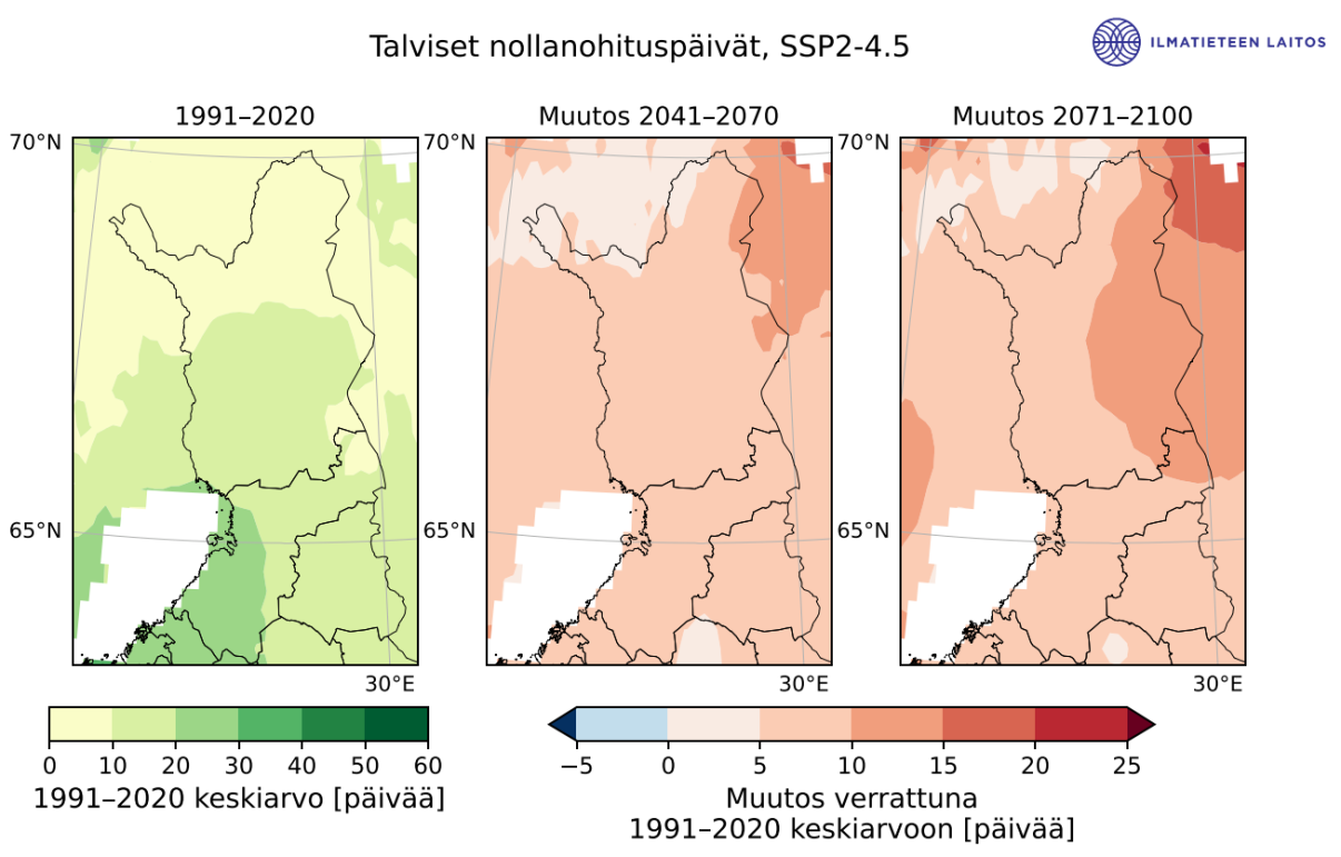 Kolme Pohjois-Suomen karttaa, jossa kuvataan väreillä talvisten nollanohituspäivien määrä vuosina 1990-2020 sekä ennusteet vuosille 2041-2070 ja 2071-2100.