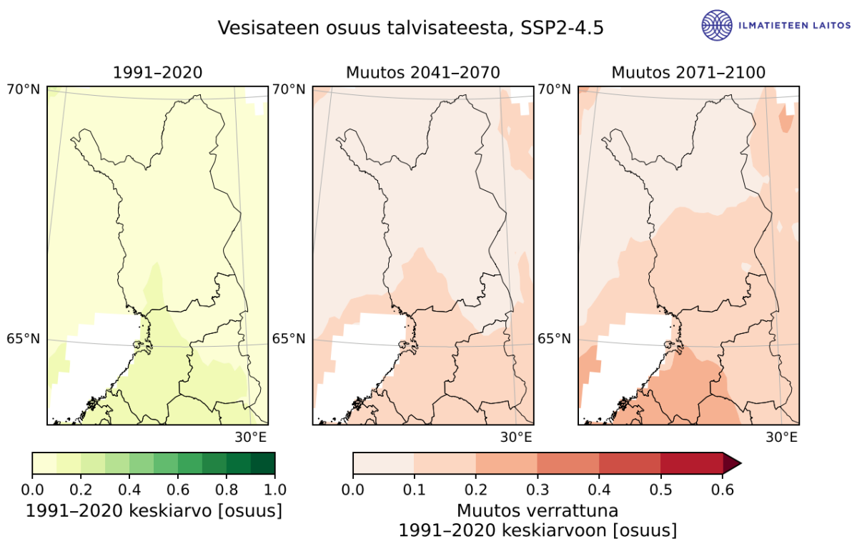 Kolme Pohjois-Suomen karttaa, jossa kuvataan väreillä vesisateen keskimääräinen osuus talven sateista vuosina 1990-2020 sekä ennusteet vuosille 2041-2070 ja 2071-2100.