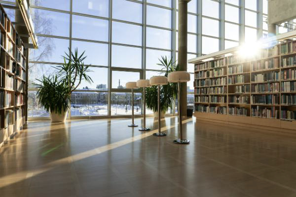 Aurinko paistaa sisään pääkirjaston ikkunanseinän läpi kirjahyllyjen välistä.