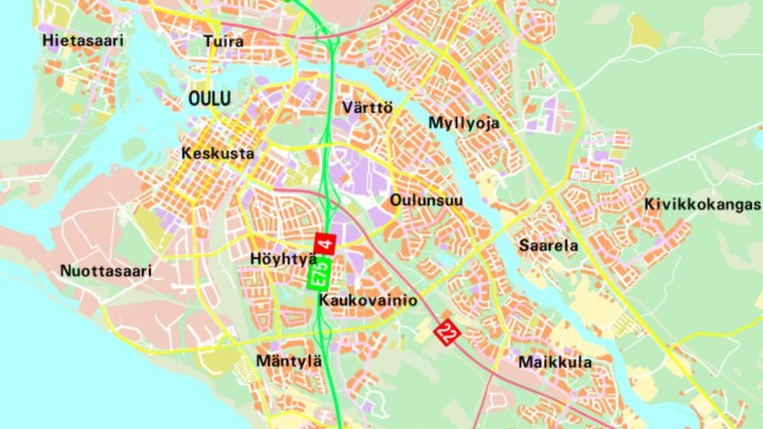 Karttakuva Oulun keskustasta.