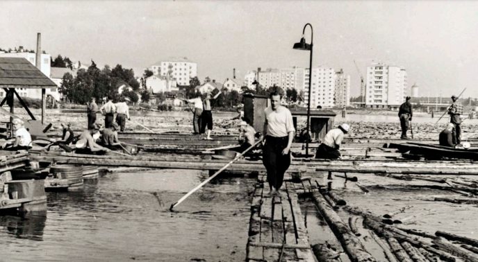 Mies seisoo veden päällä olevalla tukinuittopaikalla. Taustalla kaupungin taloja.