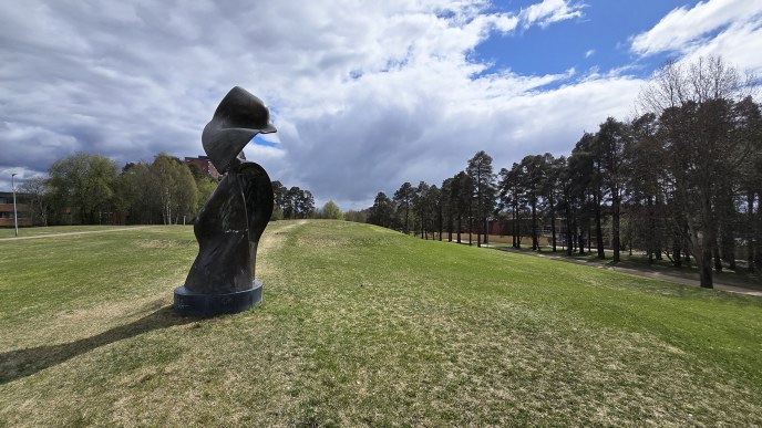 Kuvassa vihreä nurmialue, patsas ja sininen taivas.