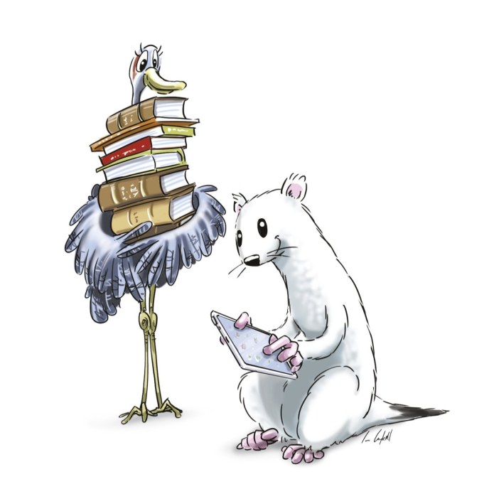 Piirros, jossa minkki iPadin kanssa ja haikara kirjapino sylissä.